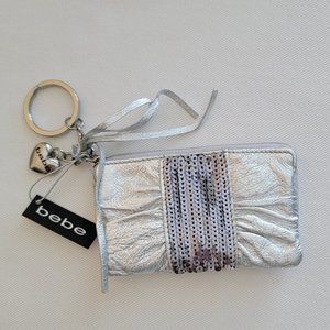 bebe Silver Sequins Vegas Coin & Key Fob Heart Zipper Purse NWT